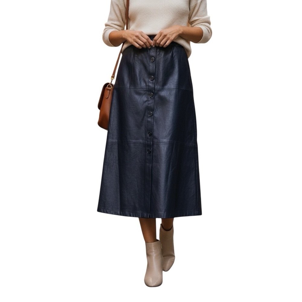 Faux Leather Midi Skirt Full Front Button Black